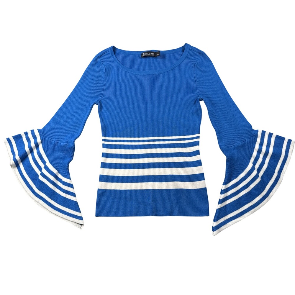 7th Avenue Sweater Womens S Pullover‎ Blue Striped Boho Fairy Peasant Feminine